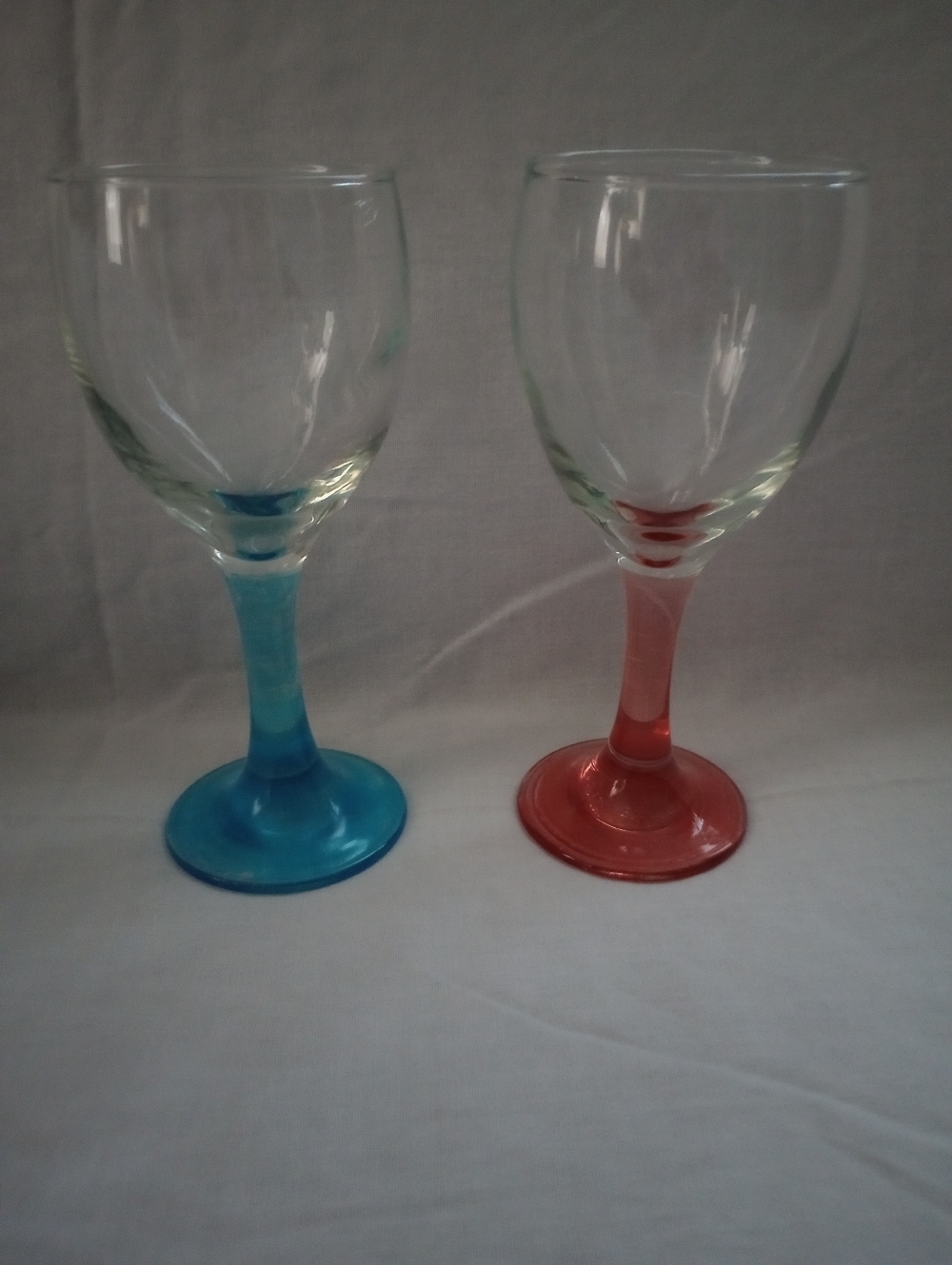 Vintage Hand Blown Set of Colored Stem Wine Glasses - Blue and Red